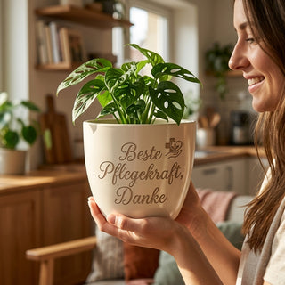 Personalisierter Blumentopf mit Gravur — Geschenk Krankenschwester Dankeschön — im Wohnambiente