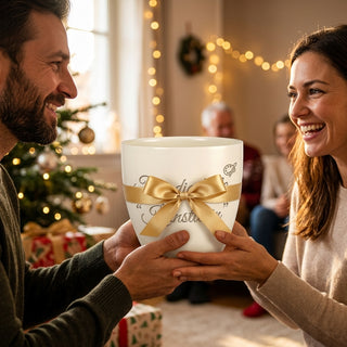 Personalisierter Blumentopf mit Gravur — Geschenk Künstlerin Geburtstag — als persoenliche Geschenk-Uebergabe