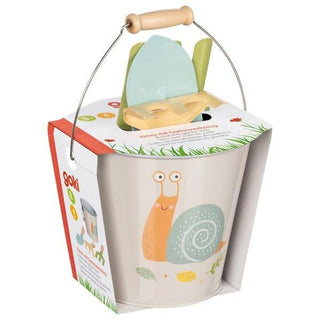 Goki Kinder-Gartenset: Beißer Eimer mit Schnecke, Harke, Schaufel und Spaten. Ideal für kleine Gärtner.