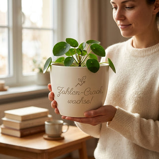 Personalisierter Blumentopf mit Gravur — Geschenk Finanzanalyst — im Wohnambiente