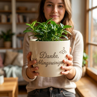 Personalisierter Blumentopf mit Gravur — Danke Geschenk für Textilreiniger — im Wohnambiente