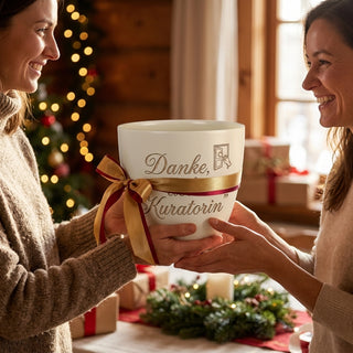 Personalisierter Blumentopf mit Gravur — Geschenk für Kuratorin — als persoenliche Geschenk-Uebergabe