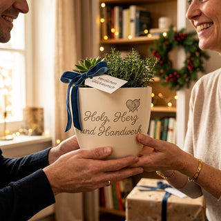 Personalisierter Blumentopf mit Gravur — Geschenk Möbeltischler — als persoenliche Geschenk-Uebergabe