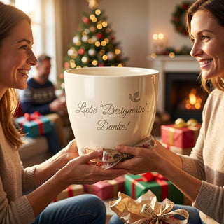 Personalisierter Blumentopf mit Gravur — Danke Geschenk Modedesignerin — als persoenliche Geschenk-Uebergabe