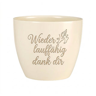 Personalisierter Blumentopf mit Gravur — Geschenk Sportphysiotherapeut Danke — Detailansicht der Lasergravur