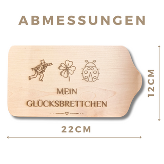 Helles Holz-Frühstücksbrettchen (22x12cm) mit Gravur von Schornsteinfeger, vierblättrigem Kleeblatt, Marienkäfer und "Mein...