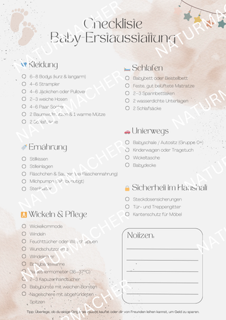 Checkliste Baby-Erstausstattung: Poster mit Kategorien Kleidung, Schlafen, Ernährung, Wickeln & Pflege, Unterwegs, Sicherh...