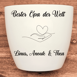 Weißer Blumentopf mit Gravur "Bester Opa der Welt", Herz in Hand & "Linus, Anouk & Thea". Opa Geschenk.