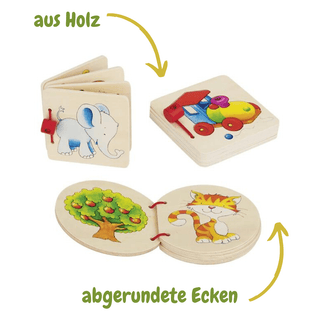 Goki Holzbilderbuch: Eckig mit Lokomotive, rechteckig mit Elefant oder rund mit Katze und Baum. Abgerundete Ecken für sich...