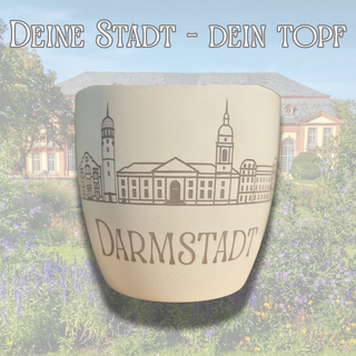 Beiger Topf "Darmstadt" mit Skyline-Gravur von Natur Macher. Ideal für Darmstadt-Fans.
