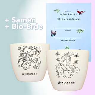Pflanzset mit Astronauten- & Einhorn-Blumentöpfen, Pflanztagebuch, Samen & Bio-Erde. Für Kinder. "Mein erstes Pflanztagebu...