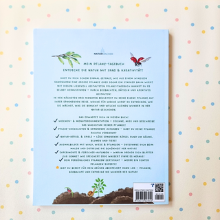 Naturmacher "Mein erstes Pflanz-Set Tagebuch". Rückseite des Tagebuchs mit Illustrationen von Pflanzen und Insekten. Förde...