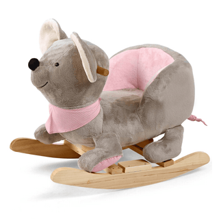 Plüsch-Schaukelmaus Mabel in Grau mit rosa Halstuch und Sitzfläche auf Holzgestell.