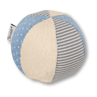 Sterntaler weicher Stoffball blau, mit Sternen, Streifen und beigefarbenem Plüsch, ideal für Babys.