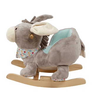 Plüsch Schaukeltier Esel Emmi in Grau mit buntem Halstuch auf Holzgestell. Von Sterntaler.