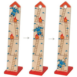 Goki Brandmeister Benno Purzelmännchen: Feuerwehrmann Benno purzelt an Leitern mit Flammen herab. Holzspielzeug.