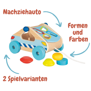 Holz-Nachziehauto von Goki mit Sortierbox, bunten Formen und Ziehseil, ideal für Kleinkinder.