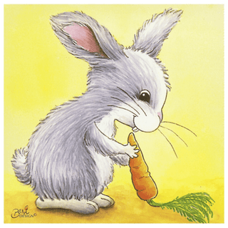 Flauschiges graues Häschen knabbert an einer Karotte. Motiv des Goki Würfelpuzzles Tierkinder.