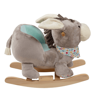 Plüsch Schaukelesel Emmi, grau mit türkisfarbenem Sitz, buntem Halstuch und Holzgestell.