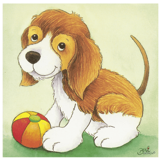 Niedlicher Hundewelpe mit Ball. Motiv des Goki Würfelpuzzles Tierkinder.