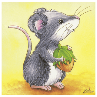 Niedliche graue Maus mit Haselnuss, Motiv des Goki Würfelpuzzles Tierkinder.