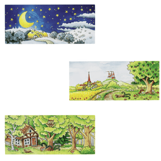 Drei Hintergrundkulissen für das Goki Fingerpuppentheater: Nachtlandschaft, Dorflandschaft und Waldlandschaft.