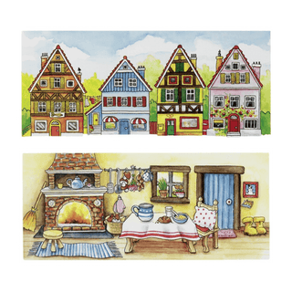Goki Fingerpuppentheater mit bunten Häuserfassaden und gemütlicher Küchenkulisse. Ideal für fantasievolles Spielen.