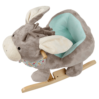 Plüsch Schaukeltier Esel Emmi in Grau mit türkisfarbenem Sitz und buntem Halstuch auf Holzgestell.