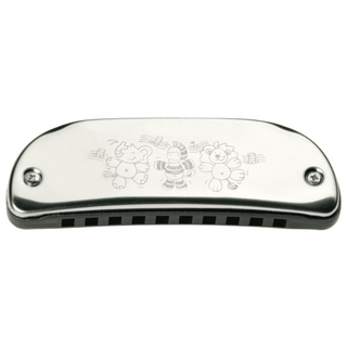 Silberne Kindermundharmonika von goki mit gravierten tanzenden Tiermotiven (Elefant, Zebra, Löwe) und Noten.