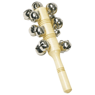Goki Schellenstab mit 13 silbernen Schellen an einem hellen Holzgriff. Musikinstrument für Kinder.