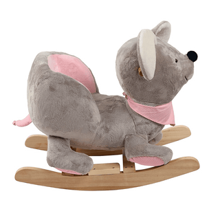 Plüsch Schaukelmaus Mabel in Grau mit rosa Details und Holzkufen.