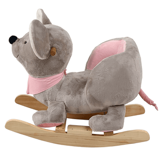 Plüschmaus Mabel Schaukeltier, grau mit rosa Schleife und Sitz, auf Holzgestell. Sterntaler.