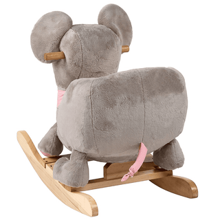 Plüschmaus Mabel Schaukeltier, grau mit rosa Schleife, auf Holzgestell, Rückansicht.