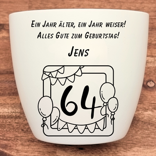 Weißer Blumentopf mit "64. Geburtstag" Aufdruck und Luftballons, personalisiert für Jens. Geburtstagsgeschenk von Natur Ma...