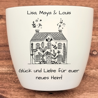 Weißer Blumentopf mit Haus-Motiv & Wunschtext "Glück und Liebe für euer neues Heim". Einzugsgeschenk, personalisierbar.