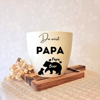 Beigener Blumentopf mit "Du wirst PAPA" und Papa Bär/Baby Bär Motiv. Geschenk für werdende Papas.