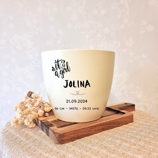 Gravierter Blumentopf "It's a girl" mit Name Jolina, Geburtsdatum und -daten, Geschenk zur Geburt.