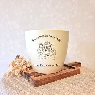 Beigener Blumentopf mit Gravur "Wo Familie ist, da ist Liebe" und Familienportrait. Personalisierbares Familiengeschenk vo...