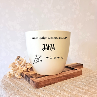 Gravierter Blumentopf "Tanten machen das Leben bunter" mit Name Jana, Konfetti-Motiv und Herzen. Geschenkidee für Tante.