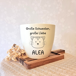 Beiger Blumentopf mit Katze und Aufschrift "Große Schwester, große Liebe" und dem Namen "ALEA". Geschenk für große Schwest...