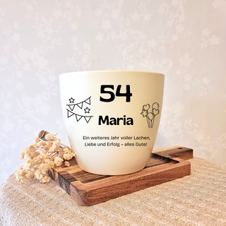 Beiger Blumentopf mit "54 Maria" und Geburtstagsmotiv. Personalisiertes Geschenk zum 54. Geburtstag.