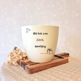 Beiger Blumentopf mit "Alles Gute zum ZAHL. Geburtstag" Gravur und Geschenk-Symbol. Geburtstagsgeschenk-Set inkl. Erde & S...
