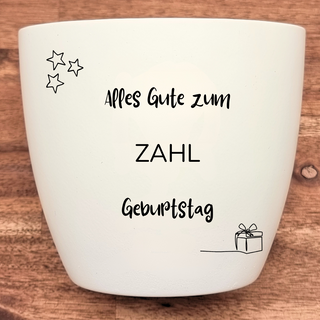 Weißer Blumentopf mit "Alles Gute zum ZAHL Geburtstag" Gravur, Sternen und Geschenk-Symbol. Personalisierbares Geburtstags...