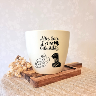 Gravierter Blumentopf "Alles Gute zum Geburtstag" mit Schnecke und 1 für 1. Geburtstag. Geschenkidee von Natur Macher.