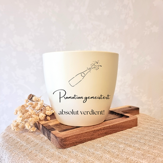 Begehbarer Blumentopf mit Sektflaschen-Motiv und Schriftzug "Promotion gemeistert, absolut verdient!". Abschlussgeschenk v...
