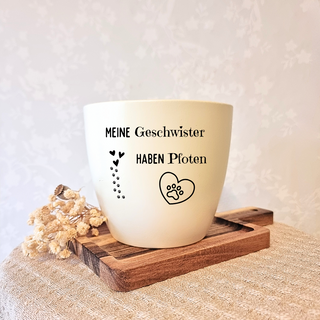 Begehbarer Blumentopf mit Aufschrift "Meine Geschwister haben Pfoten", Herz und Pfotenabdruck. Geschenk für Tierfreunde.