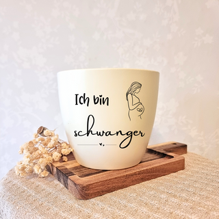 Beiger Blumentopf mit "Ich bin schwanger" und Umrisszeichnung einer schwangeren Frau. Schwangerschaft Geschenk von Natur M...