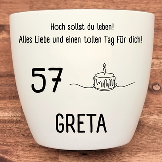 Weißer Blumentopf mit Gravur "Hoch sollst du leben! Alles Liebe und einen tollen Tag für dich!", Zahl 57 und Geburtstagsto...