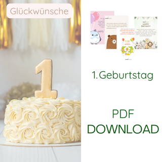 Glückwunschkarte zum 1. Geburtstag - PDF Download. Bild zeigt Torte mit goldener "1" und Beispiele für süße Tiermotive.