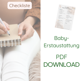 Checkliste Baby-Erstausstattung PDF Download. Schwangere notiert in Notizbuch.  Naturmacher.
